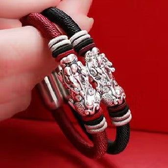 999 Silver Pixiu Handmade Rope Magnetic Clasp Bracelet-Attract Wealth