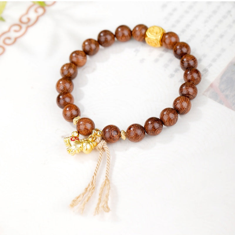 Silver-Plated Lucky Horse Gold Silk Sandalwood Bracelet-Courage into Abundance