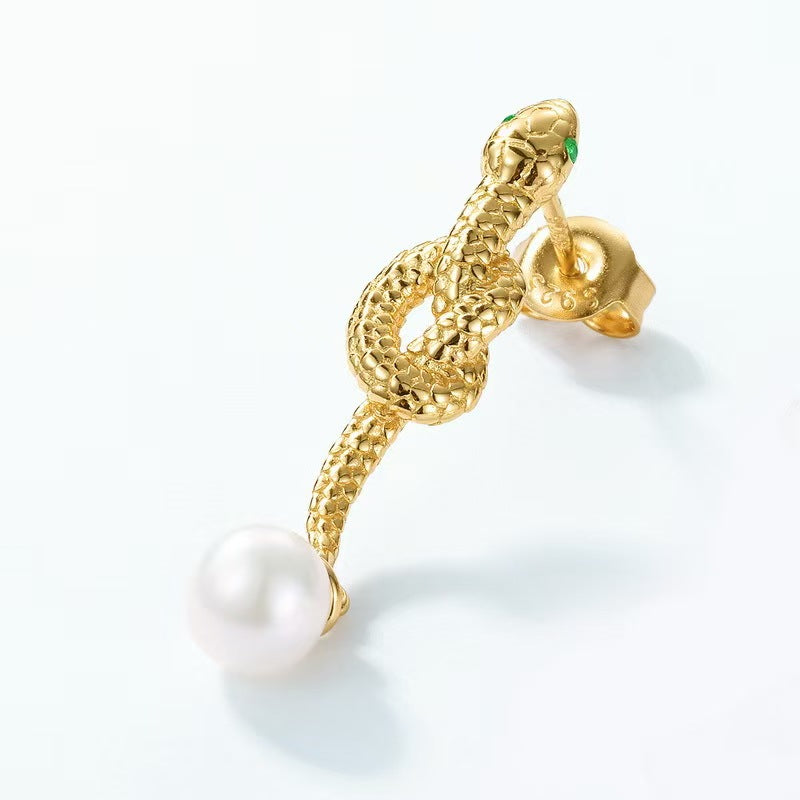 Gold Snake Pearl Bead Stud Earring-Transformation and Renewal