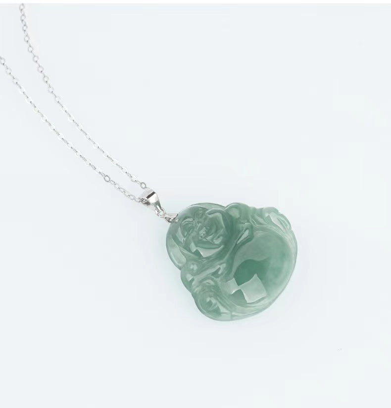 Laughing Buddha Lucky Pendant-Natural Green Jade