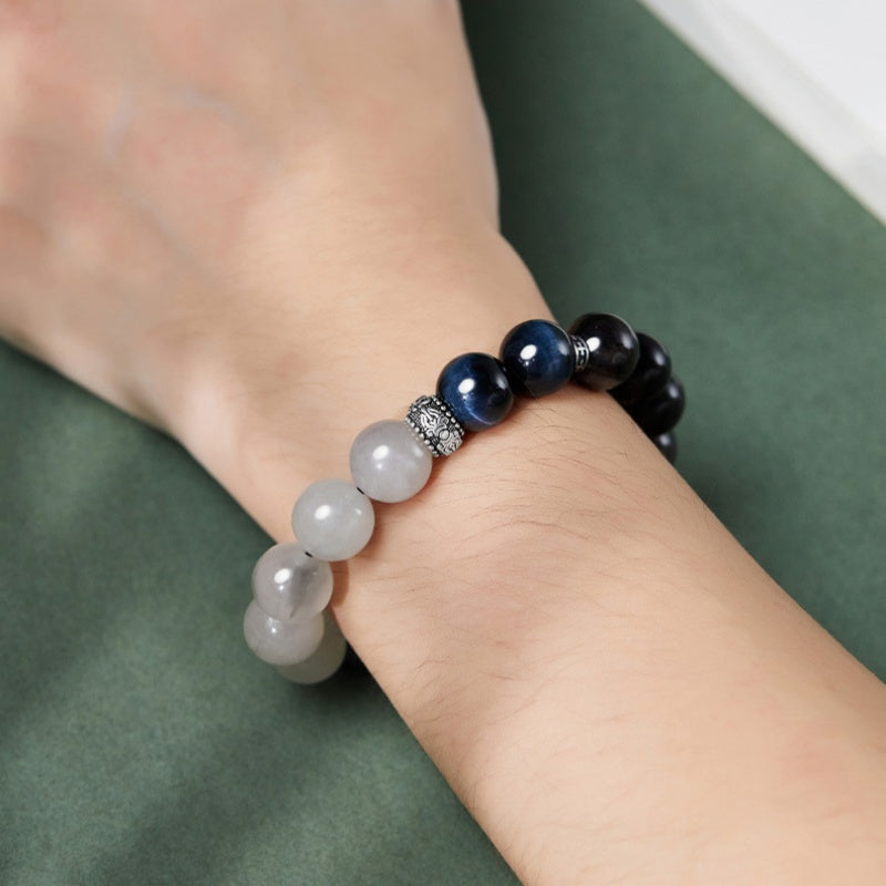 Peace and Joy-Six-Syllable Mantra Silver Sheen Obsidian & Blue Tiger's Eye Bracelet