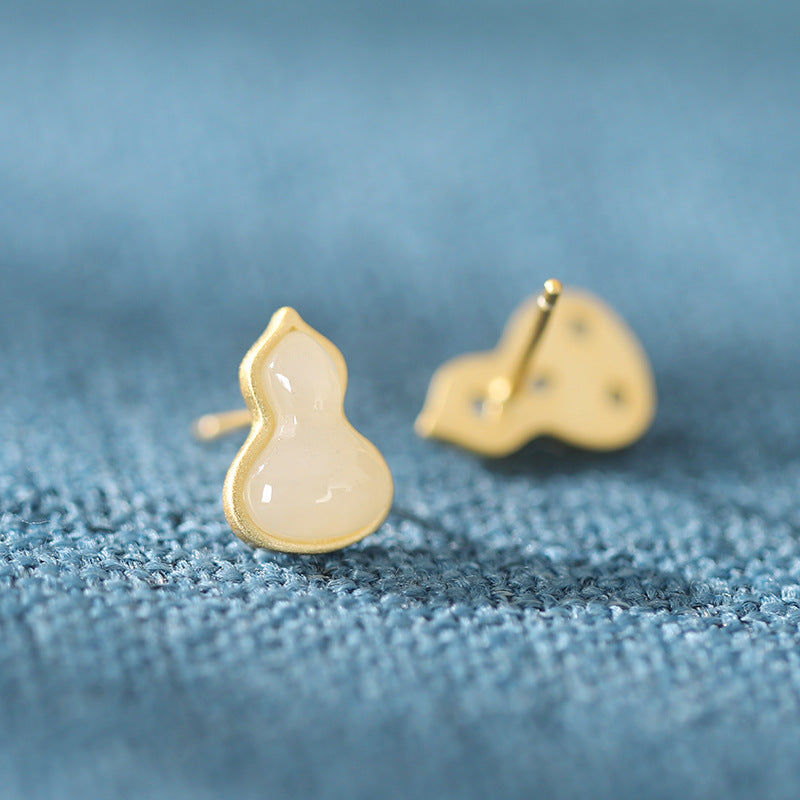 Gourd Nephrite Jade & Red Agate Stud Earrings-Blessings Close By
