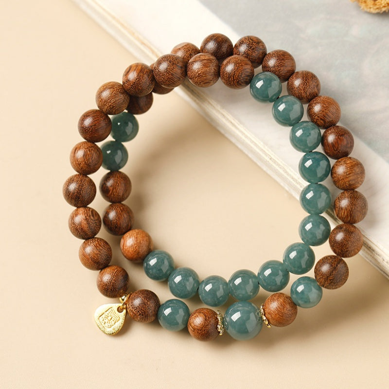 Sandalwood Blue Jadeite Double-Wrap Bracelet-Grounded Clarity