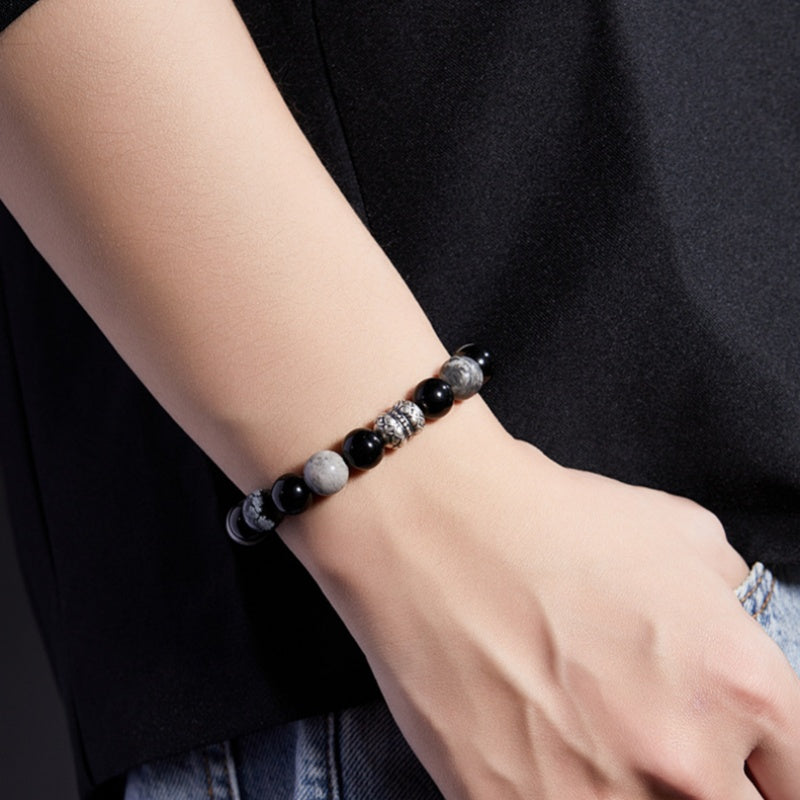 Lotus Blooming-999 Fine Silver Lotus Obsidian Jasper Beaded Bracelet