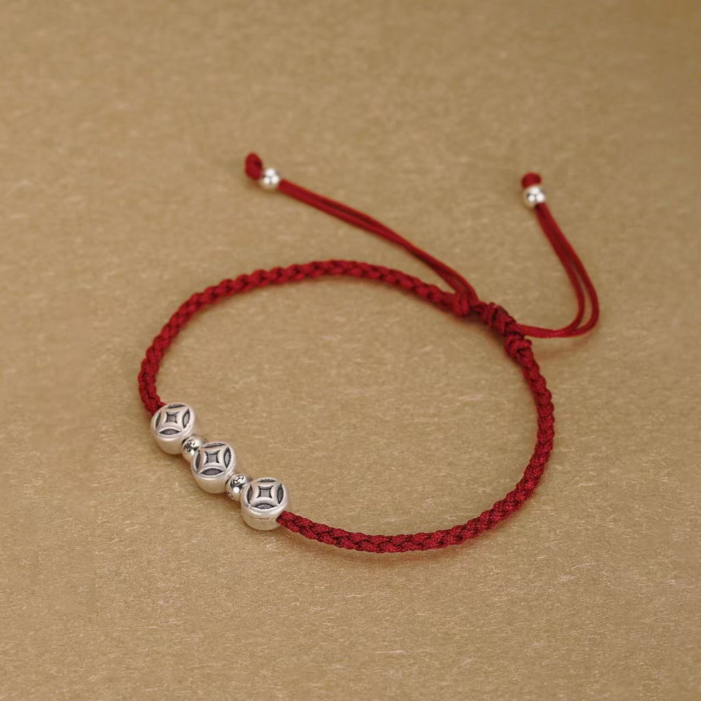 Enduring Fortune Antique Silver 3D Coin Red String Bracelet