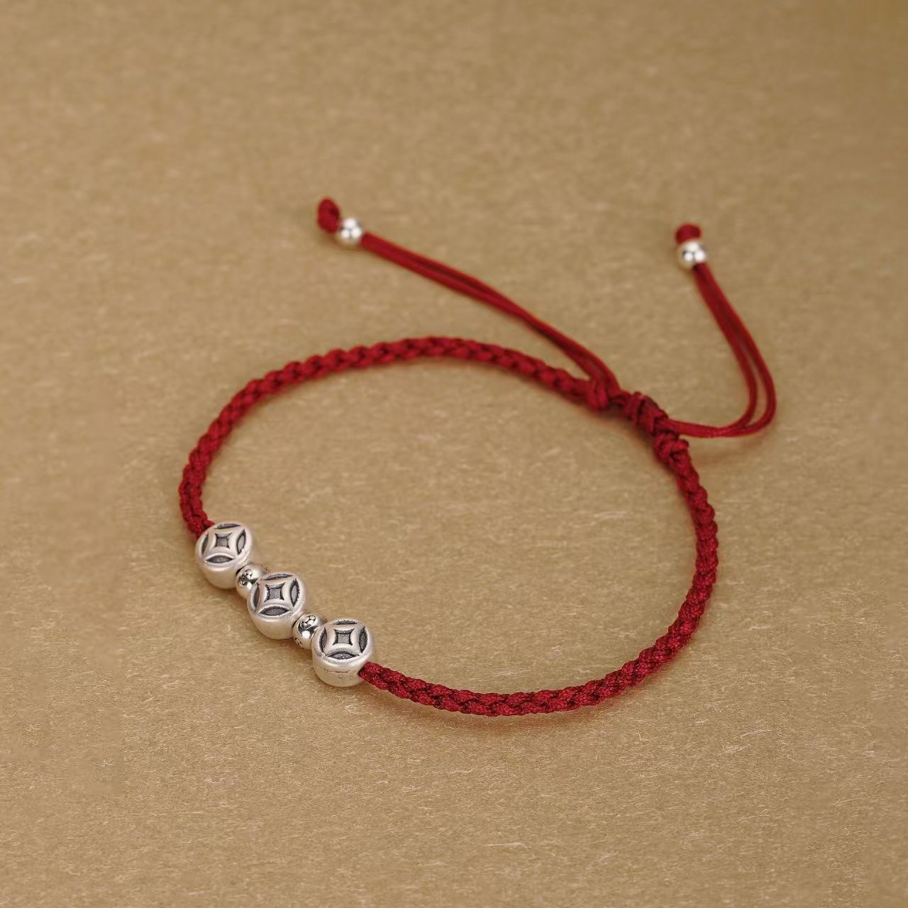 Enduring Fortune Antique Silver 3D Coin Red String Bracelet