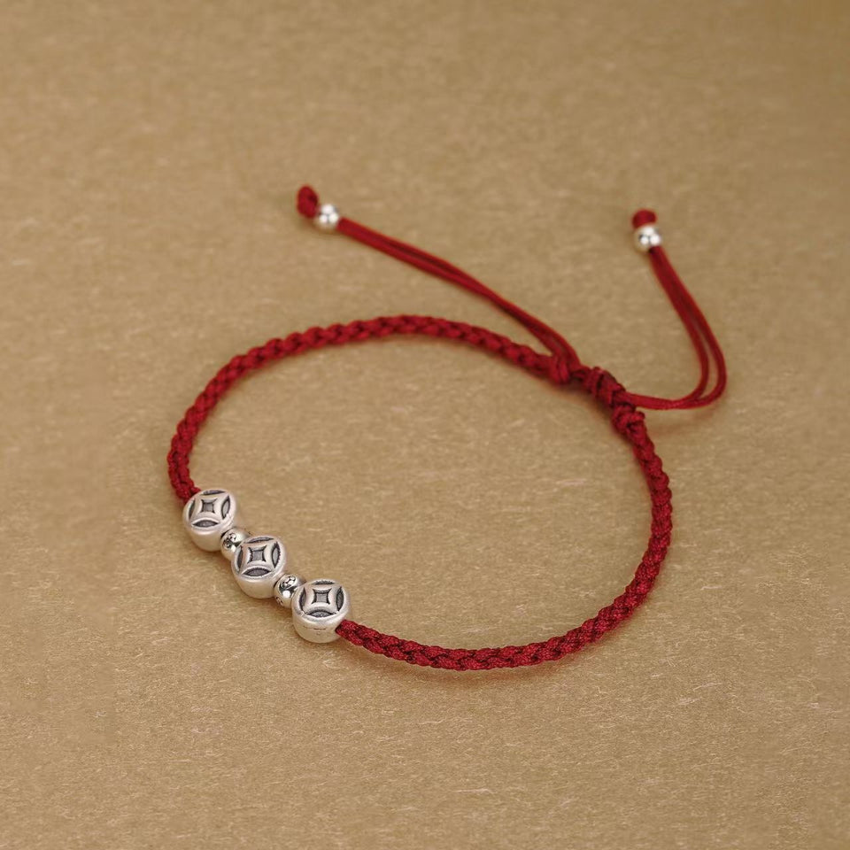 Enduring Fortune Antique Silver 3D Coin Red String Bracelet