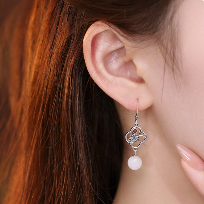 Rose Nephrite Jade Drop Earrings-A Quiet Romance