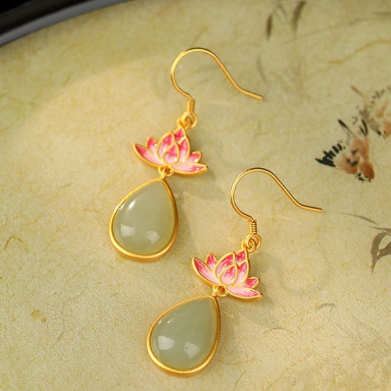 Lotus Nephrite Jade Drop Earrings-Unblemished Grace