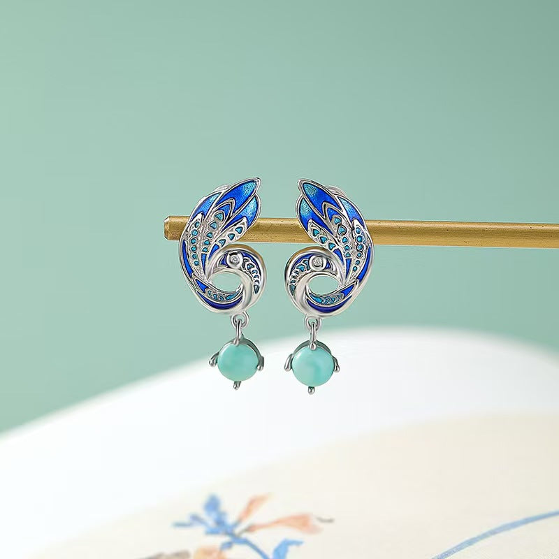 Enamel Phoenix Turquoise Silver Earrings-Protection and Luck
