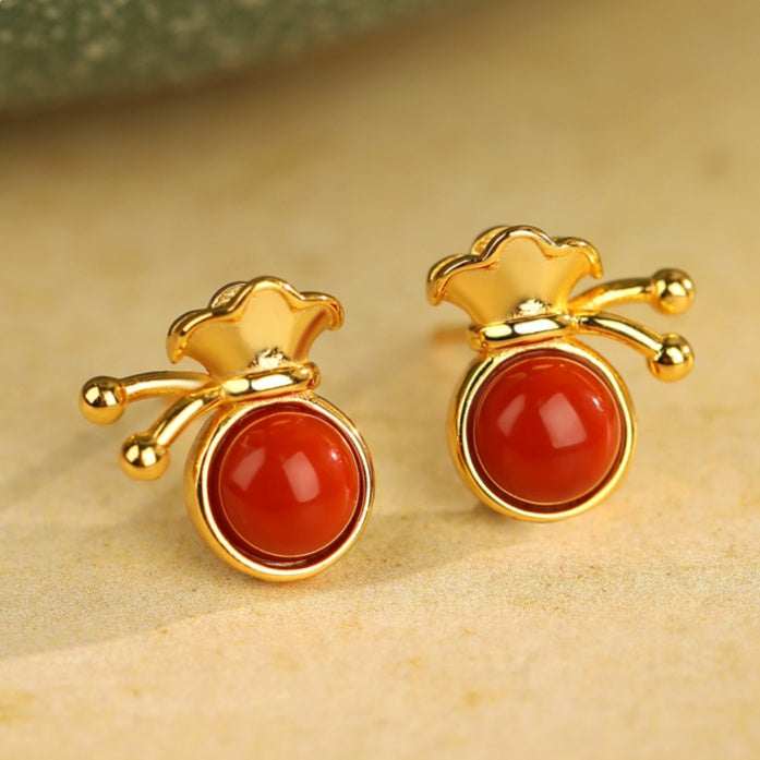 Fortune Bag Red Agate Stud Earrings-Little Wishes to Keep