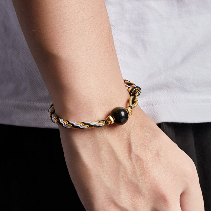 Gold Sheen Obsidian Braided Cord Bracelet-Peace and Vitality