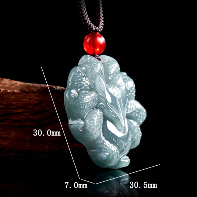 Nine-Tailed Fox Natural Blue Jadeite Pendant – Genuine A Jade Necklace in Glutinous Variety