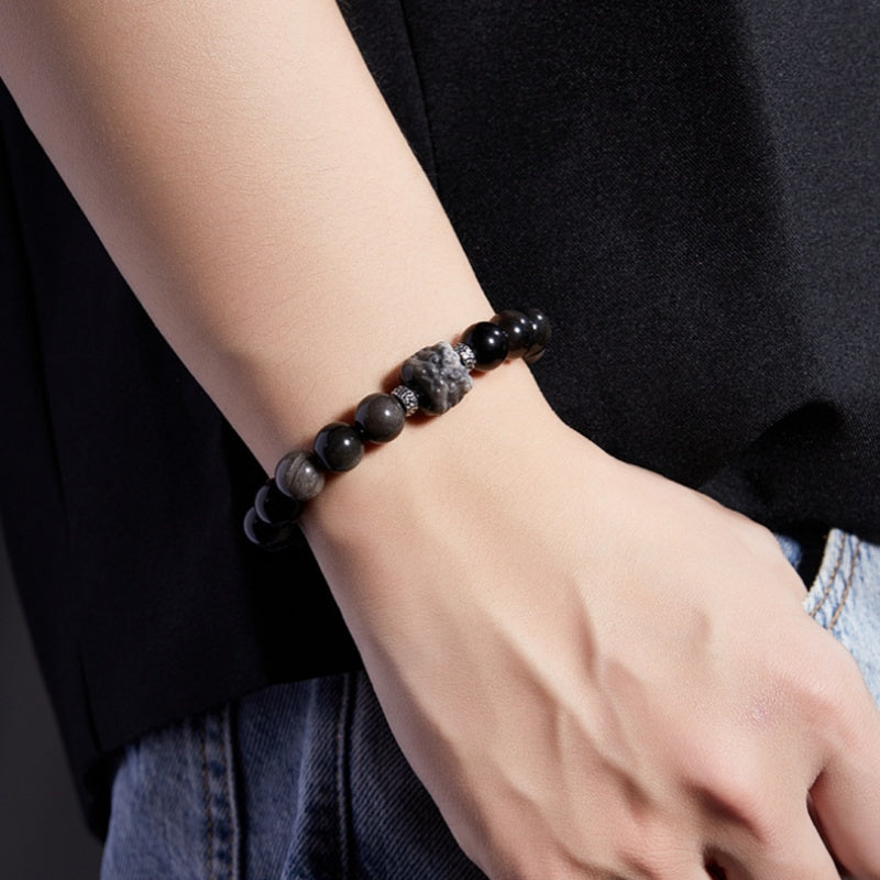 Awakened Lion-Silver Sheen Obsidian Fine Silver Bracelet