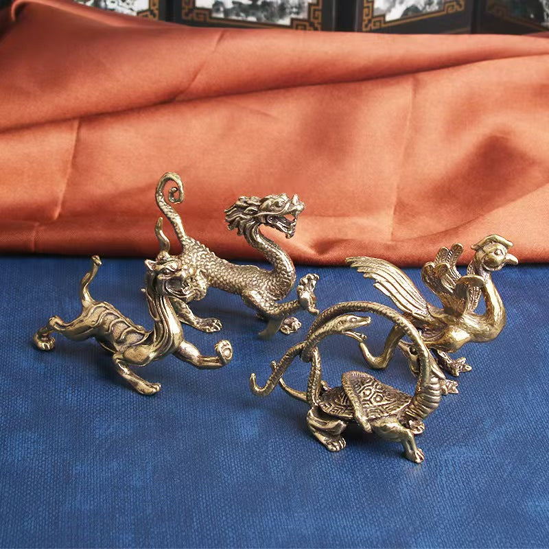 Azure Dragon White Tiger Vermilion Bird Black Tortoise Antique Brass Four Auspicious Creatures Set