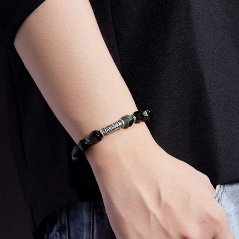Blessings and Harmony-999 Fine Silver Auspicious Words Rhombus Obsidian Beaded Bracelet