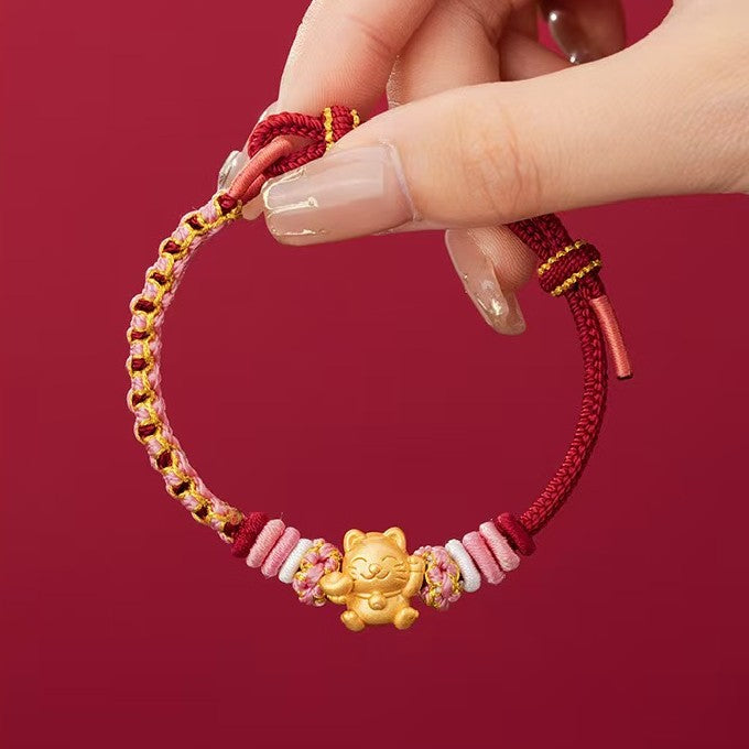 Wealth Cat Gold Ingot Red String Bracelet-Maneki neko