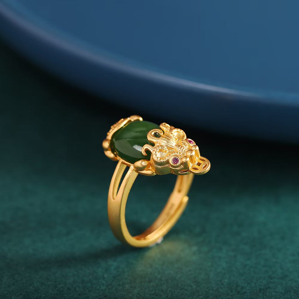 Guardian Prosperity Pixiu Green Jade Gold-Plated Silver Ring