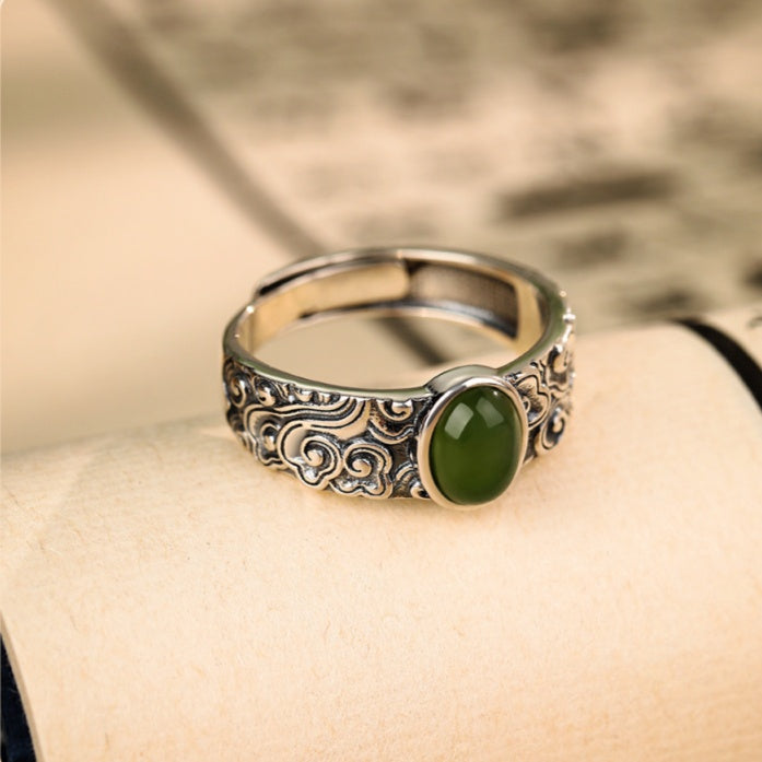 Auspicious Cloud Nephrite Jade 925 Sterling Silver Ring-Gentle Grace