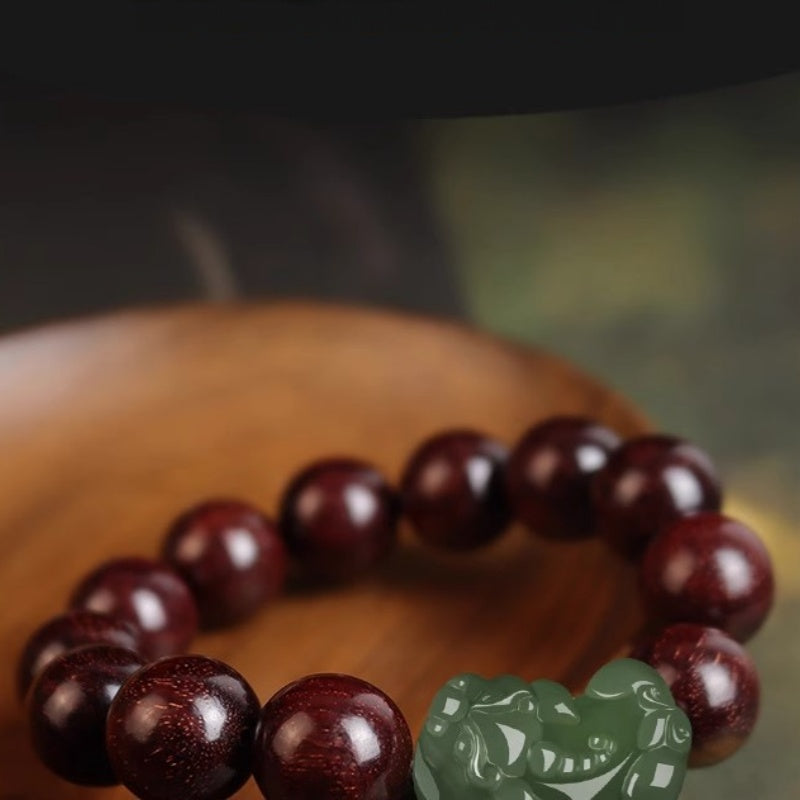 Green Jade Pixiu Sandalwood Bead Bracelet-Grounded Fortune