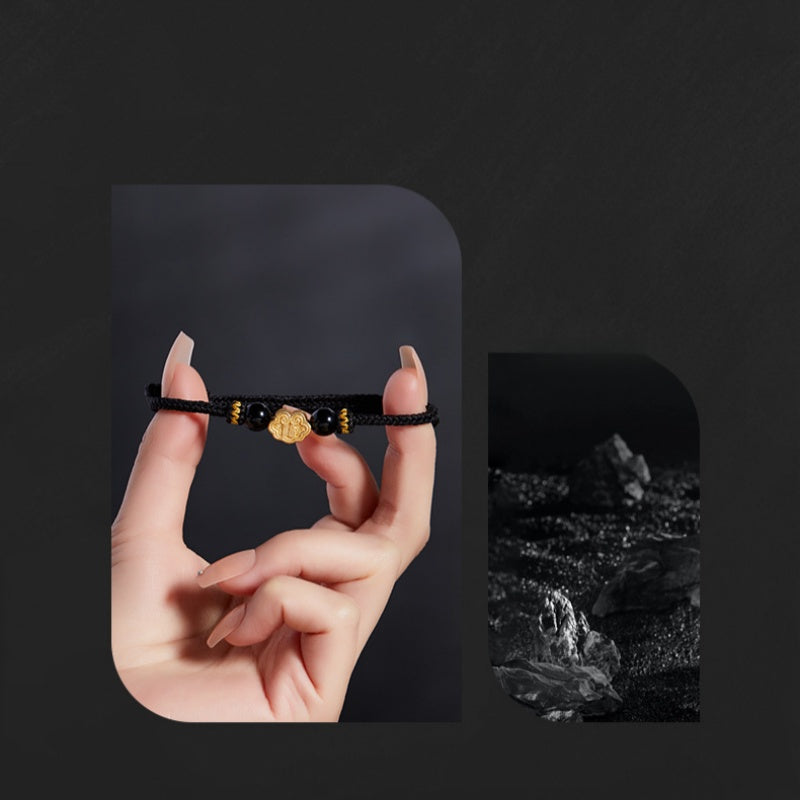 999 Sterling Silver & Obsidian Fortune Bracelet – Handmade Lucky Ruyi Knot Design