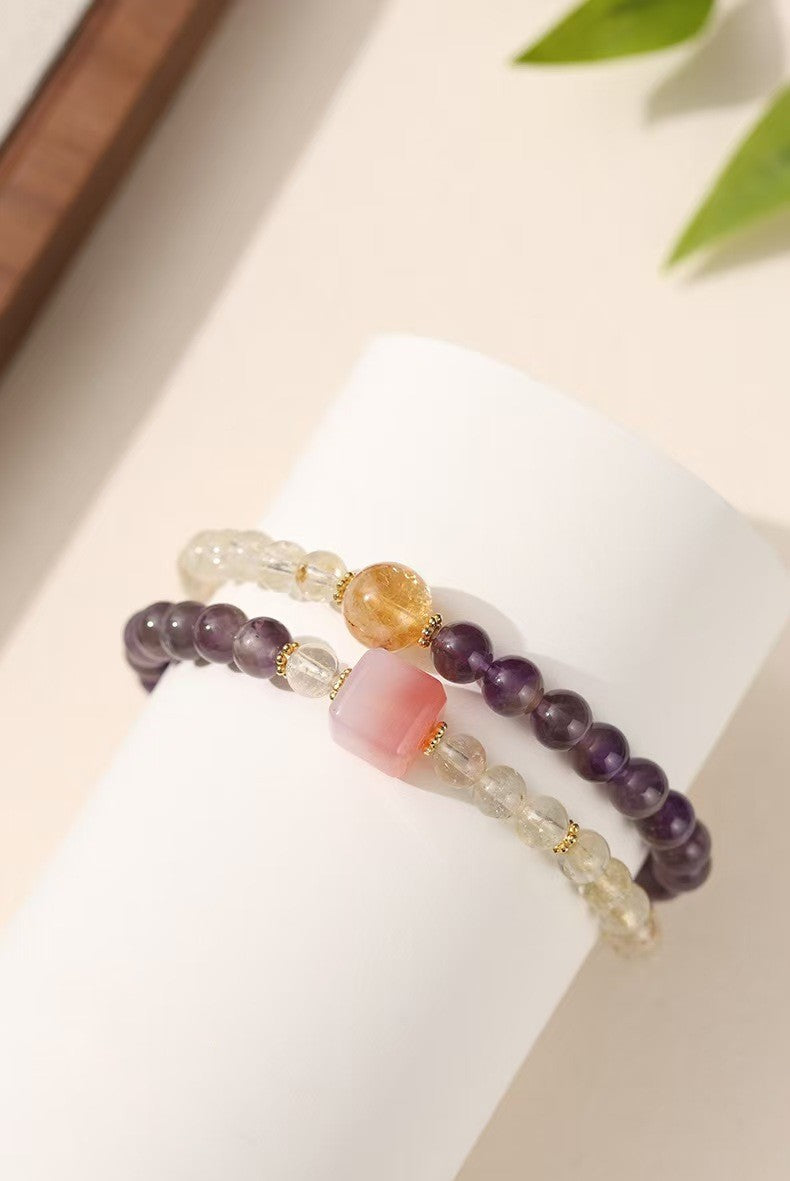 Square Pink Agate Amethyst and Citrine Double-Strand Bracelet