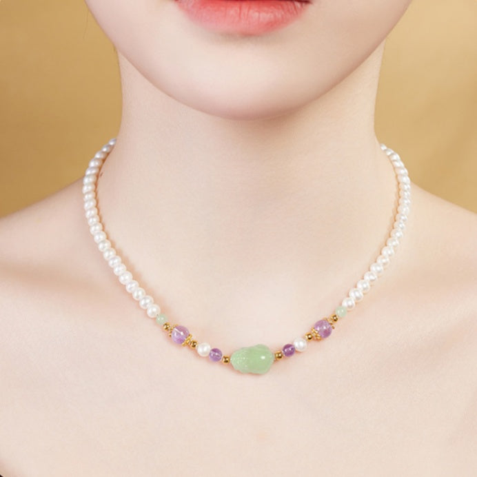 Pixiu Nephrite Jade and Freshwater Pearl Necklace-Welcoming Blessings