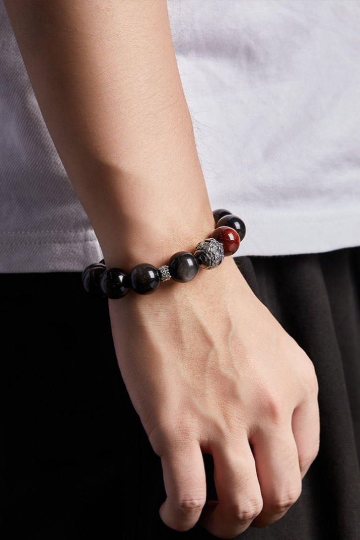 Silver Obsidian Lava Stone and Red Tiger's Eye Beaded Bracelet-Clear Composure
