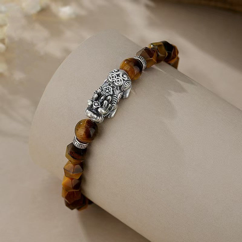 Tiger Eye Stone Silver Pixiu Bracelet -Attract Wealth