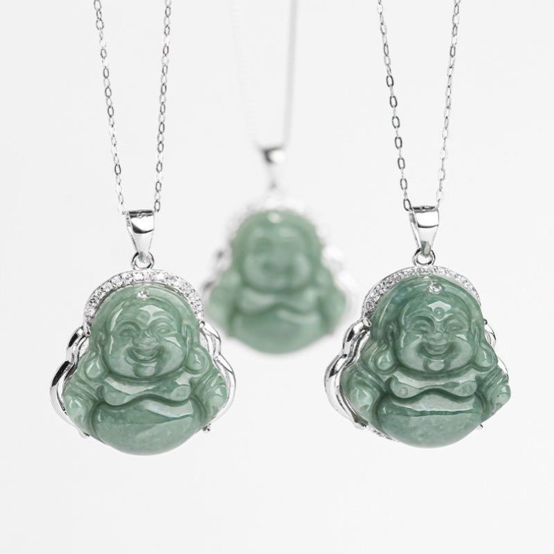 Grade A Jade Laughing Buddha Pendant – Women’s S925 Silver Mounted Bean-Type Jade Amulet