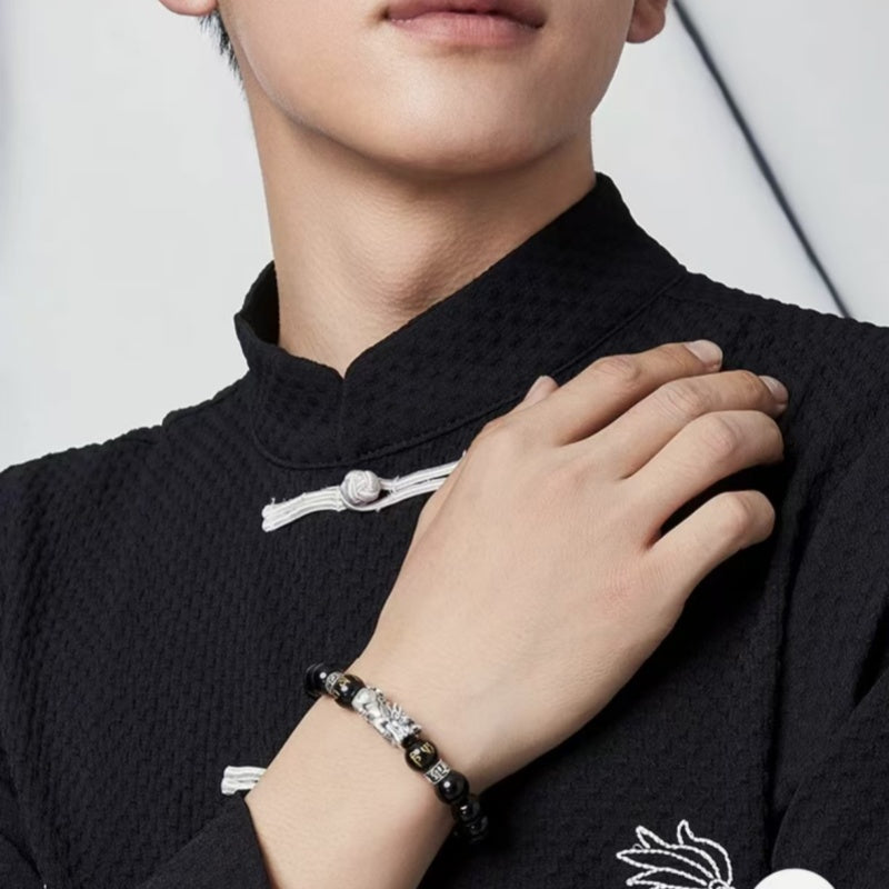 Mystic Guardian Pixiu Obsidian Bracelet in 999 Fine Silver