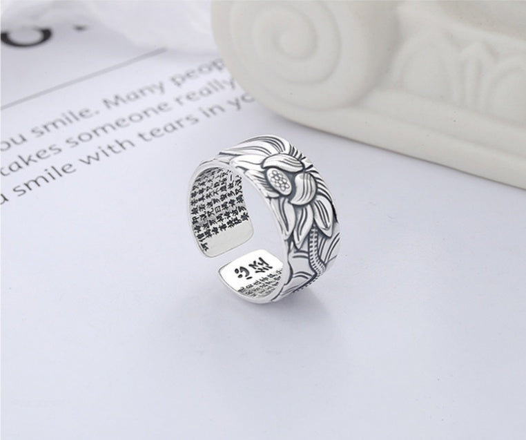 Lucky Lotus Heart Mantra Silver Ring