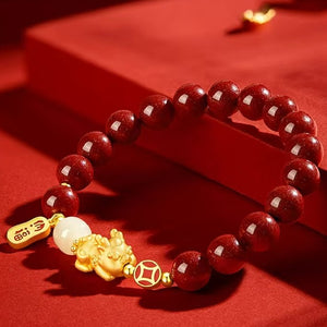 Gold Pixiu Red Cinnbar Beads Bracelet-Attract Luck