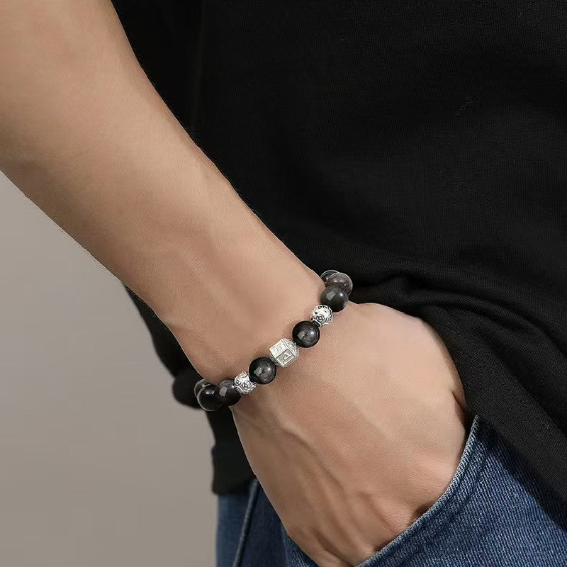 Tibetan Six True Words Obsidian Men`s Bracelet-Protection&Luck
