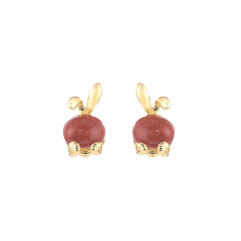 Bunny Nephrite Jade & Red Agate Stud Earrings-A Playful Little Wish
