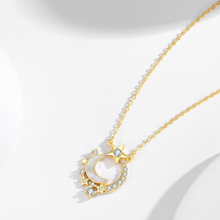 Crescent Moon Star Mother-of-Pearl Pendant Necklace-Dreamlit Reverie