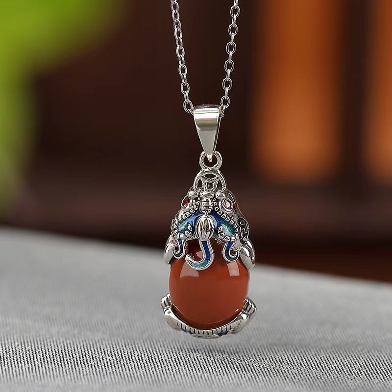 Wealth Pixiu Red Amber Silver Necklace-Attract Luck