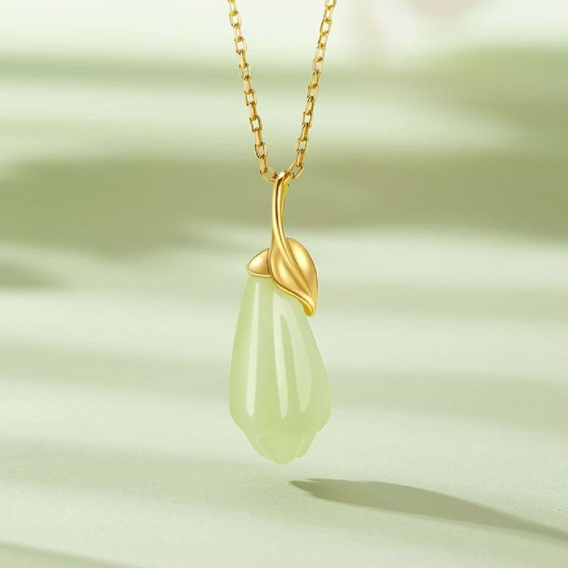 Gold Branch Jade Magnolia Pendant Necklace- wealth and prosperity