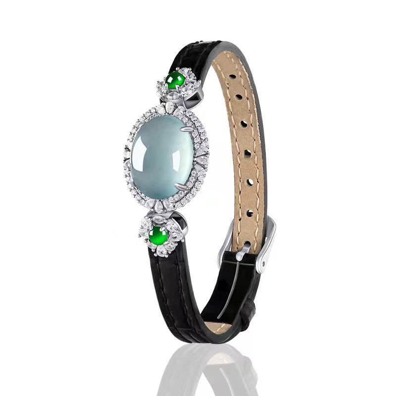 Luxury Blue Ice Jade Bracelet with Leather Strap -Attract Luck