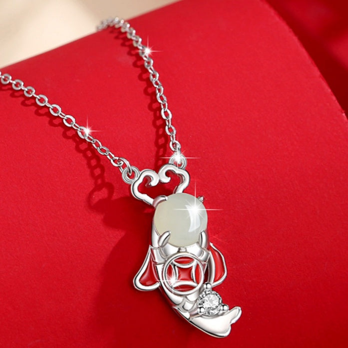 Success & New Heights-Koi Fish Nephrite Jade Sterling Silver Necklace