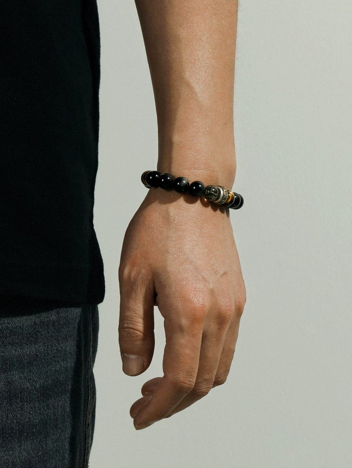 Six True Word Tiger's Eye and Black Obsidian Men's Bracelet-Steady Intention