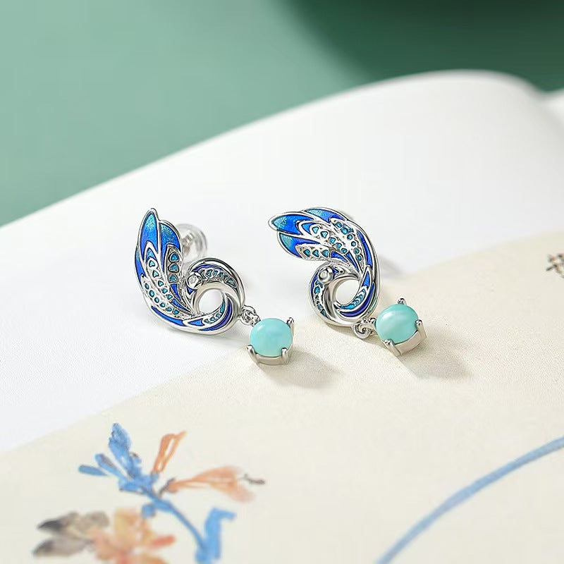 Enamel Phoenix Turquoise Silver Earrings-Protection and Luck