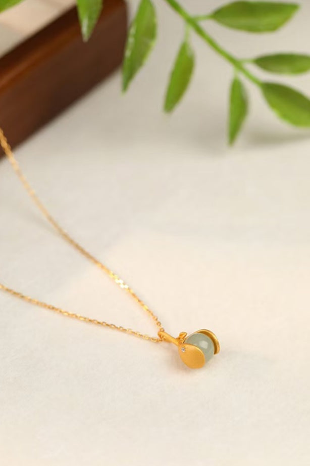 Gentle Essence Hetian Jade Pendant Necklace– S925 Sterling Silver with Ancient Gold Finish