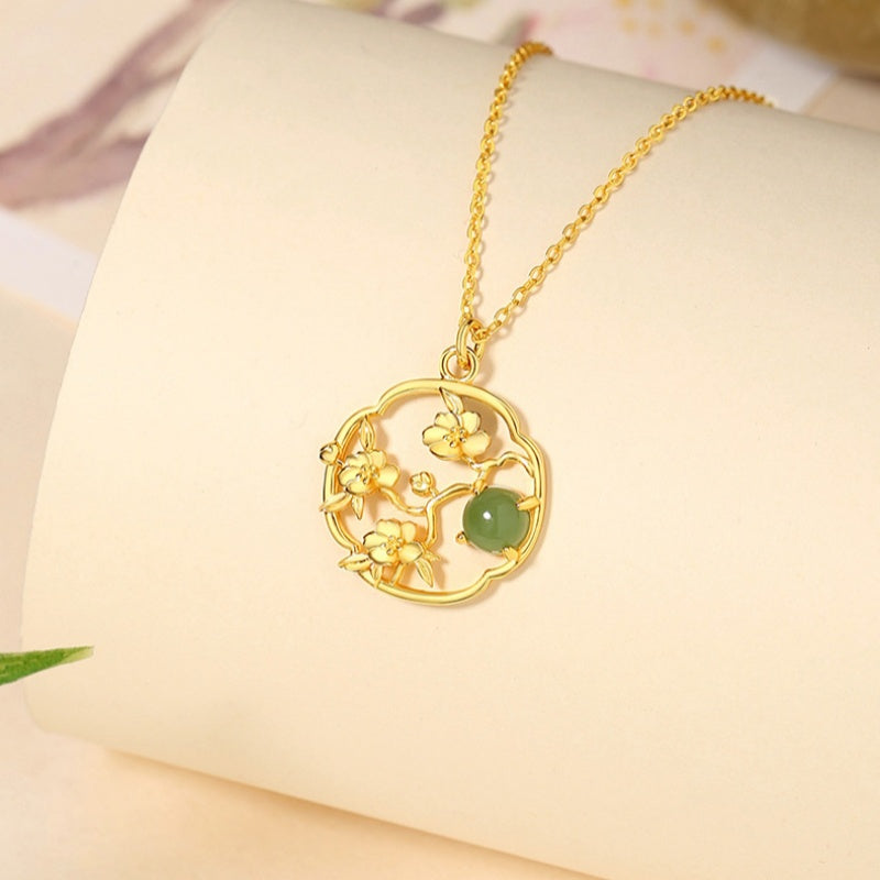 Fortune in Bloom-Floral & Gourd Green Jade Necklace