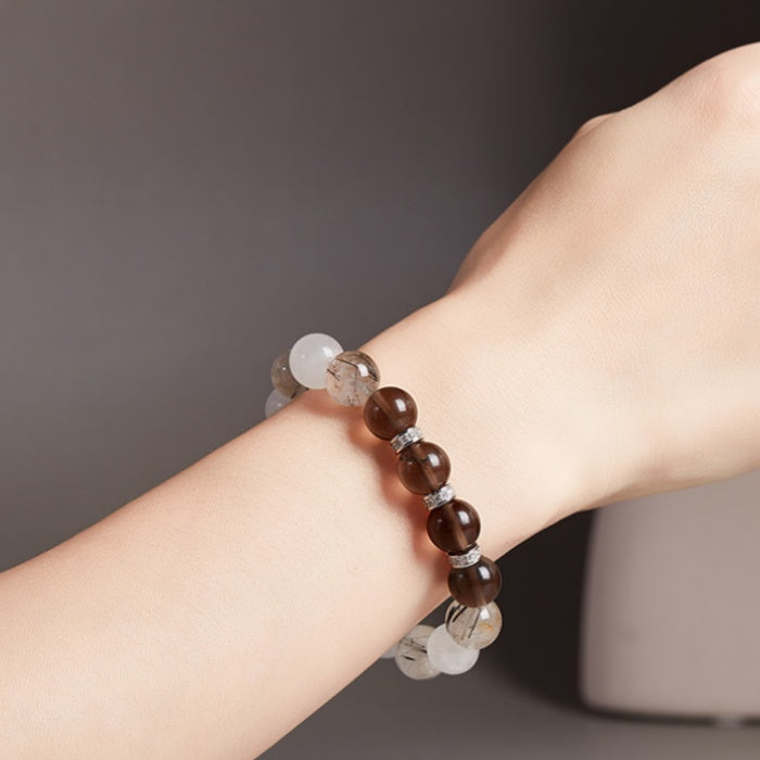 Smooth Path-Ice Obsidian Moonstone Rutilated Quartz Beaded Bracelet