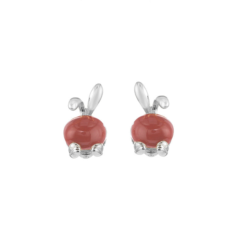 Bunny Nephrite Jade & Red Agate Stud Earrings-A Playful Little Wish