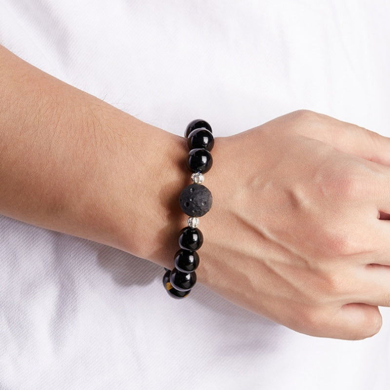 Six-Syllable Mantra Obsidian and Black Agate Bracelet-Steadfast Devotion and Inner Strength