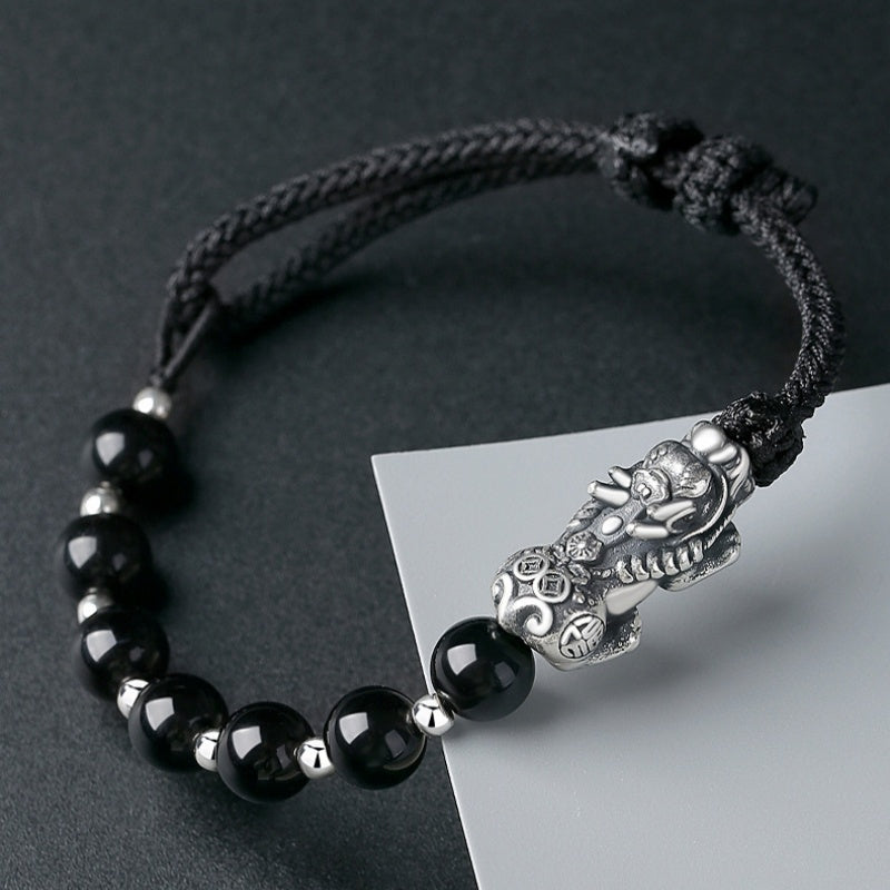 Wealth and Blessing-Pixiu Fine Silver and Obsidian Braided Bracelet