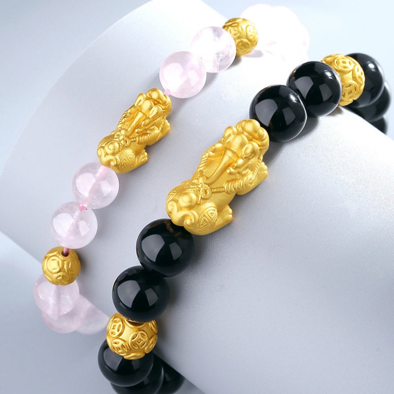 Welcoming Fortune-Pixiu Gold-Tone Couple Beaded Bracelet