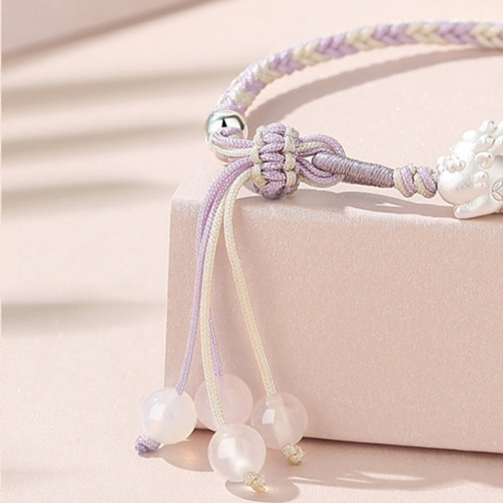 Peace and Joy-Pixiu Fine Silver and White Chalcedony Braided Bracelet